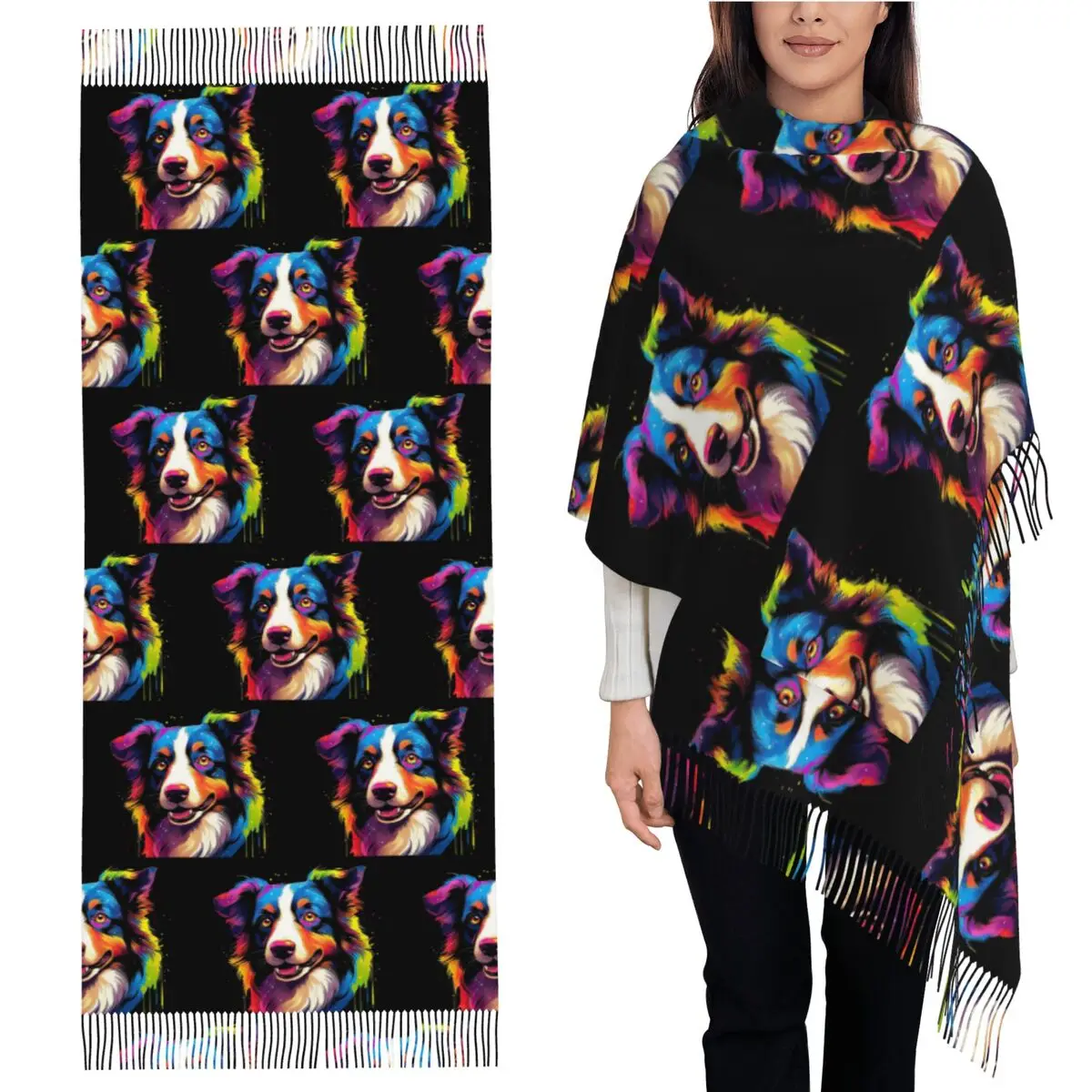 

Шарф бордер-колли, шарфы с кисточками, женские мягкие теплые шали и накидки, большая осенне-зимняя шаль