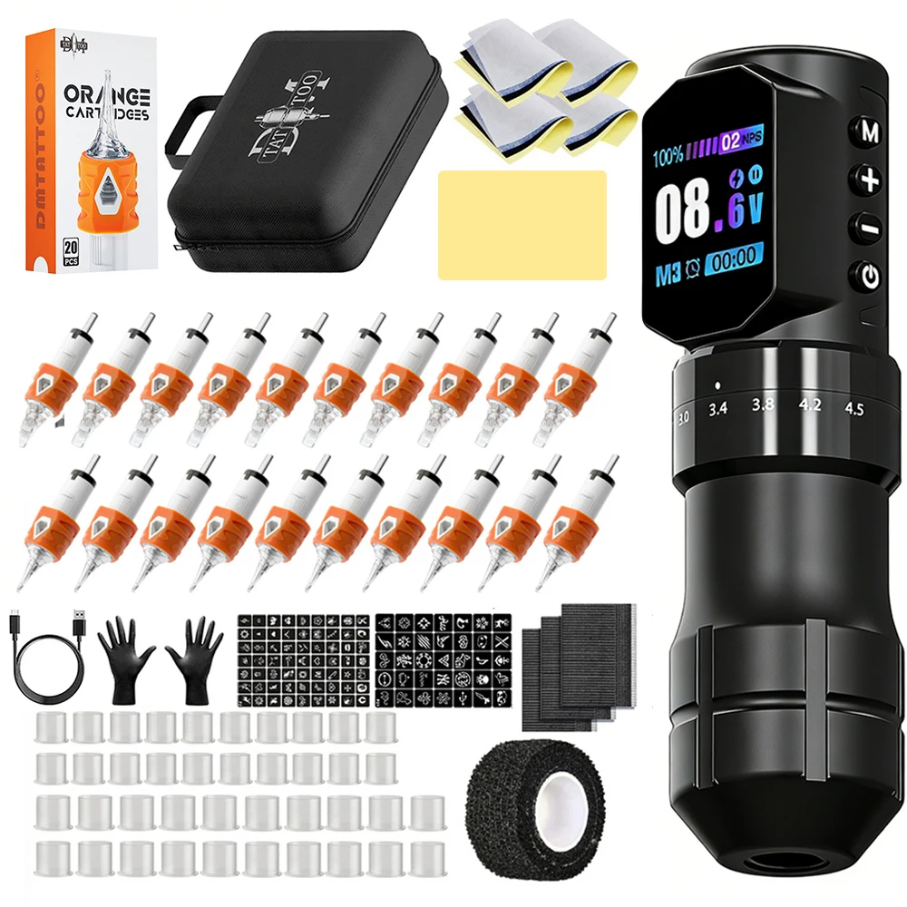 Professional Adjustable Stroke Tattoo Machine Kit Wireless Tattoo Pen Coreless Brushless Motor With Tattoo Ink Tattoo Needle