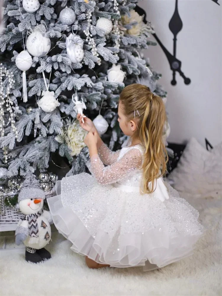 Sparkling Flower Girl Dress For Wedding Tulle Puffy Sequins Princess Kids Birthday Party First Communion Ball Gowns Customized