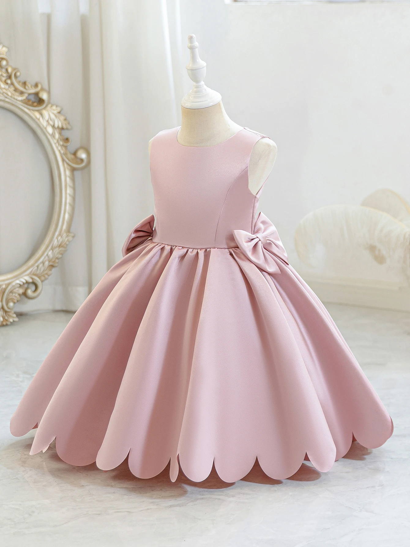 Young Girl Elegant Party Dress Decorated with Pink Satin Ribbon Bow, Girls' Weddings, Parties, Birthday, Special occasions view 4