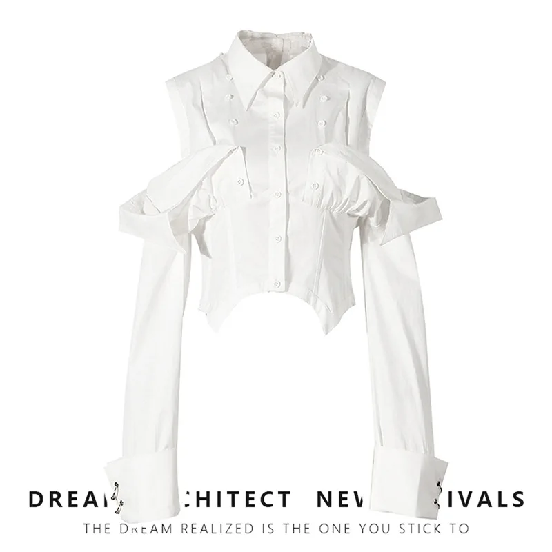 

Niche Women's Fishbone Waist Cinching Double Layered Collar Shirt White/Black Long Sleeved Shirt