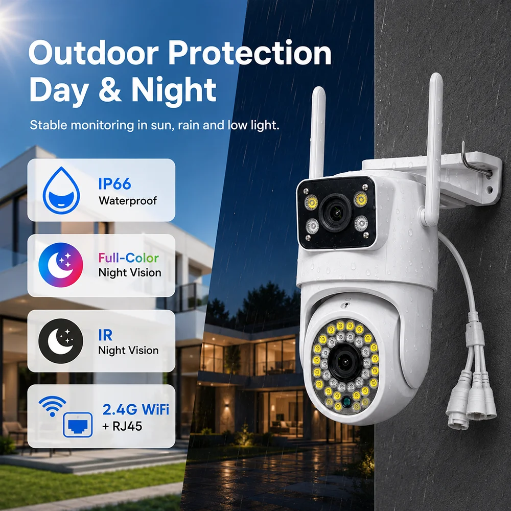 4MP Dual Lens WIFI Camera Full HD Dual Screen Ai Human Auto Tracking PTZ Camera 12V2A Outdoor Security Video Surveillance Camera