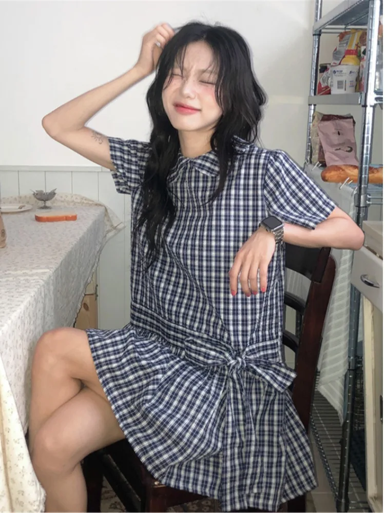 

Retro Doll Collar Bow Tie Plaid Dr Women's Summer New College Sle Color Blo ort Skirt Sweet Sle Regular Sve Pol...