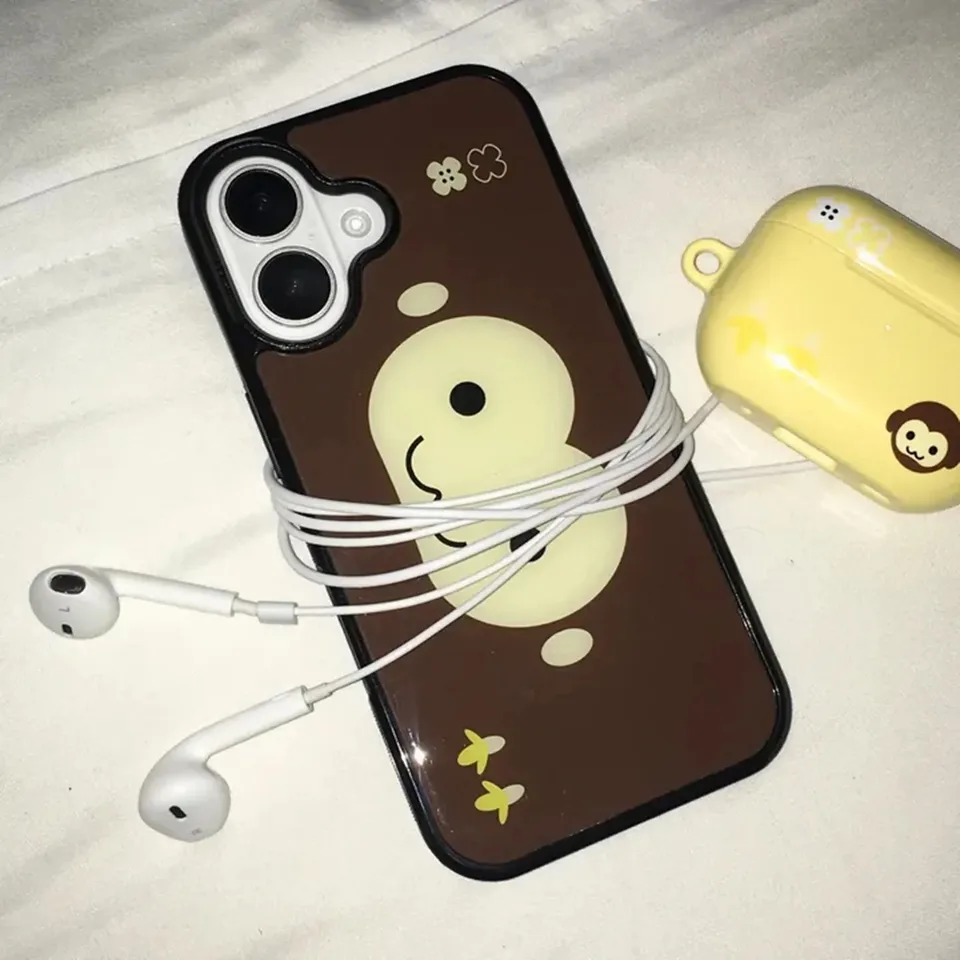Funda de silicona a prueba de golpes con cara de mono marrón y amarilla, estilo coreano, para iPhone 17 Air 16 Pro Max 15 14 Plus 13 12 11 4