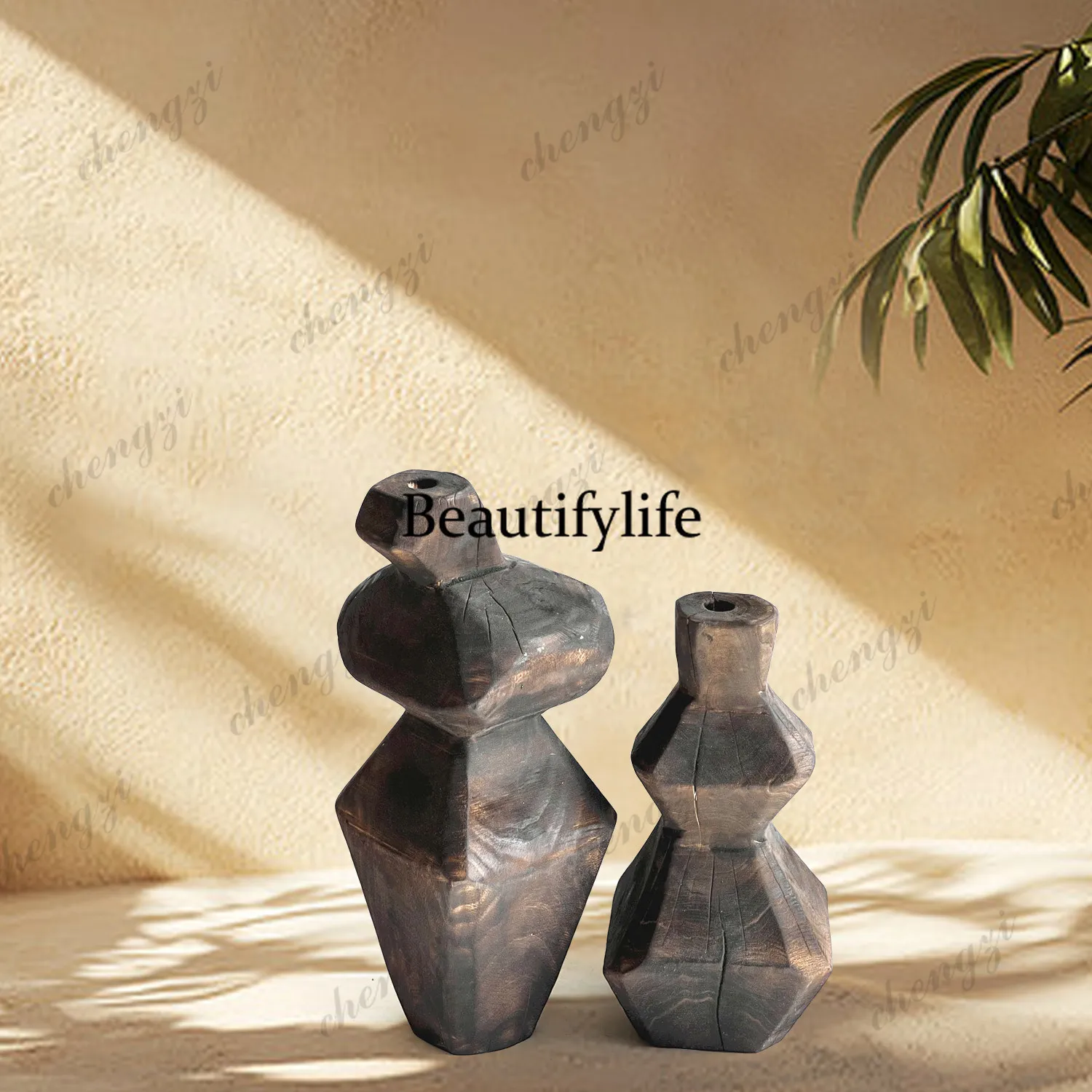 Solid wood carbonization process,  shape, dried flower vase, wood flower device, wabi sandy wind ornament