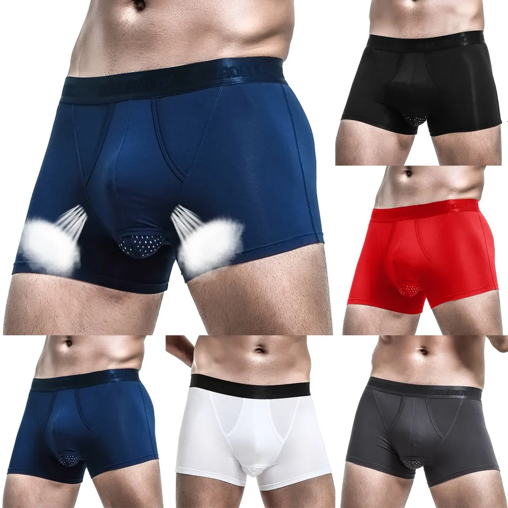 Men Modal Mesh Trunks Thin Sheer Short Elasticity Briefs Sport Swimming Underwear Separation Pouch U Convex Underpants