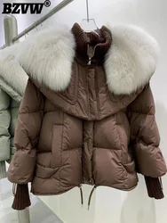 BZVW Fashion Cotton Padded Coat Women's Fox Fur Collar Patchwork Contrast Color Short Thick Bread Jacket 2024 Winter New 25Z1238