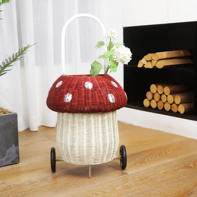 Natural Rattan Mushroom Storage Basket Plush Toy Pull Cart for Kids Outdoor Playhouse Wagon with Handle Children Gift Decor
