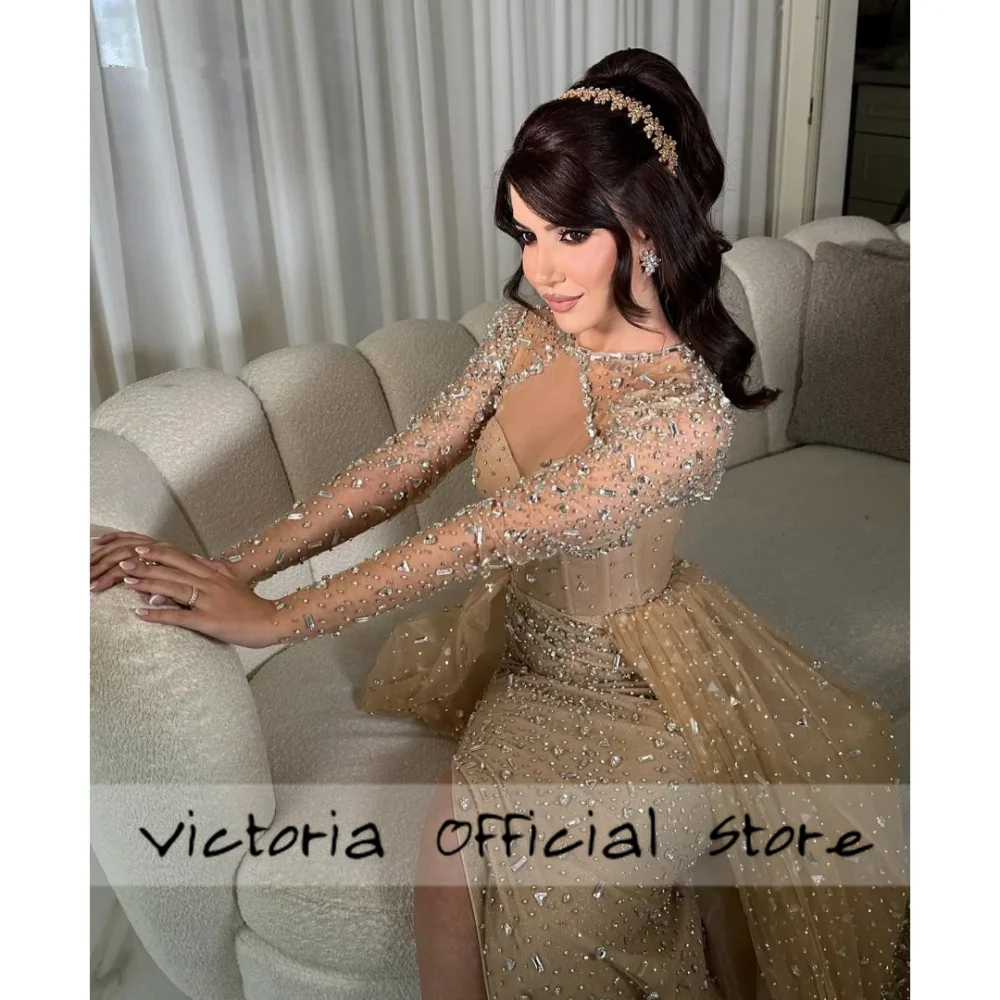 Vestido de noche lujoso desnudo de Dubai de manga larga con diamantes de imitación color champán con cuentas vestido de novia 2025 vestido de fiesta فساتmaveraPersonalizzato