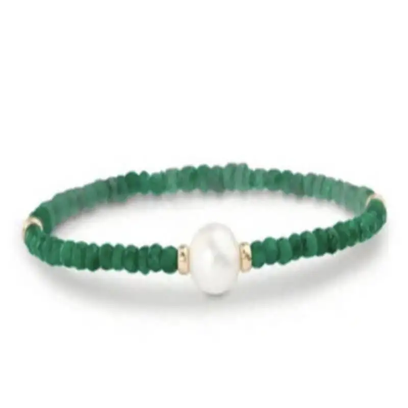 

White Pearl 14k Yellow Gold Emerald Beaded Stretch Bracelet 7.5" Cuff Teens Gift Prayer