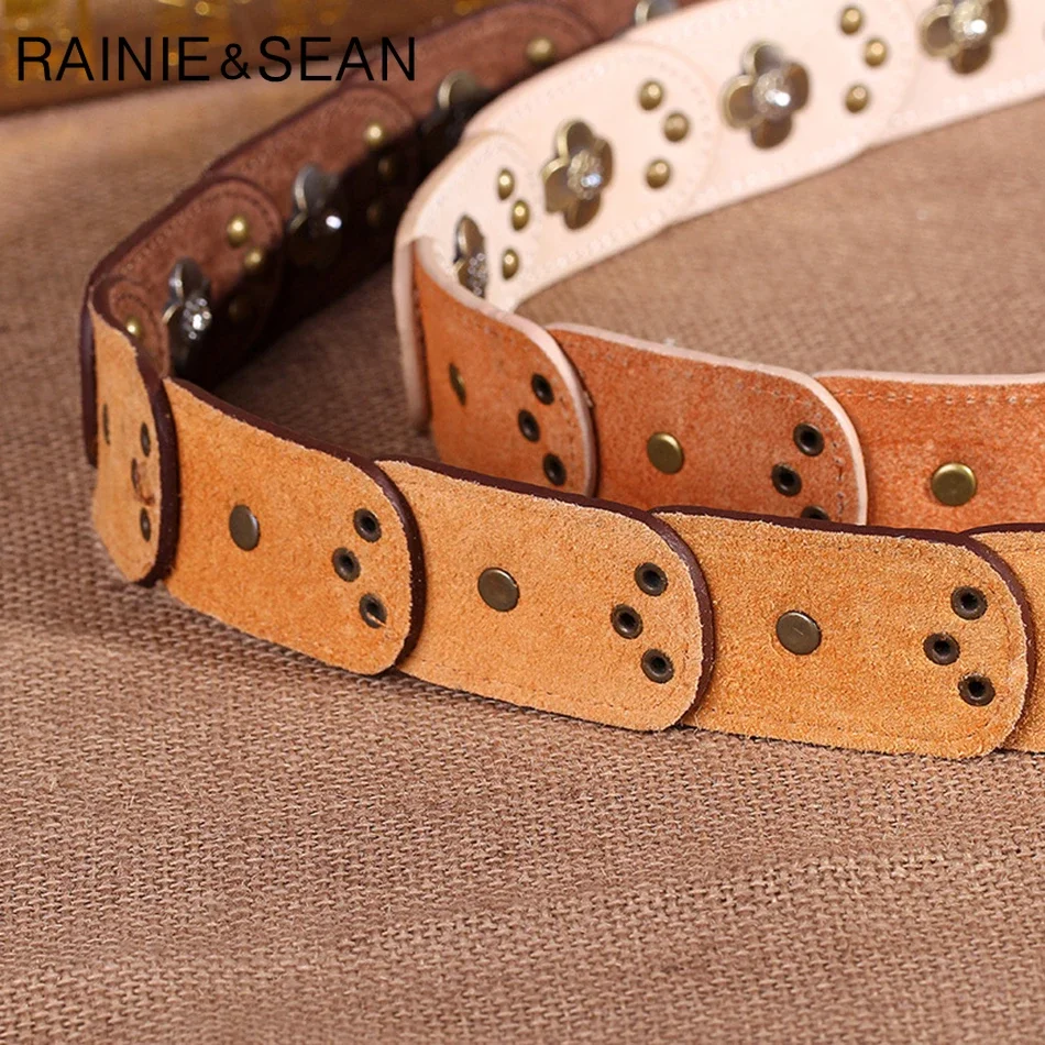 RAINIE SEAN Womens Belts Genuine Leather Pigskin Cow Belt Patchwork Rhinestone Vintage Rivet Alloy Pin Buckle Belt Female Black