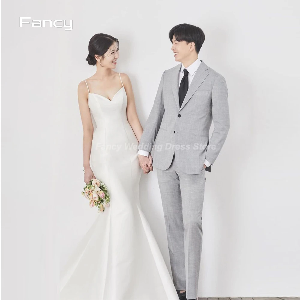 

Fancy Simple Mermaid Wedding Dress Korea Photoshoot V Neck Spaghetti Straps Bridal Gown Floor Length Bridal Dresses customized