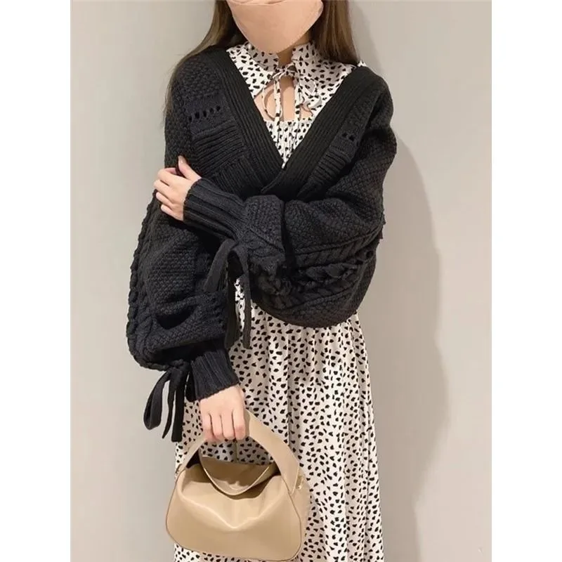 Women Solid Cable Knit Wrap Cardigan V Neck Tie Cuff Short Sweater Shawl Autumn Winter Outerwear
