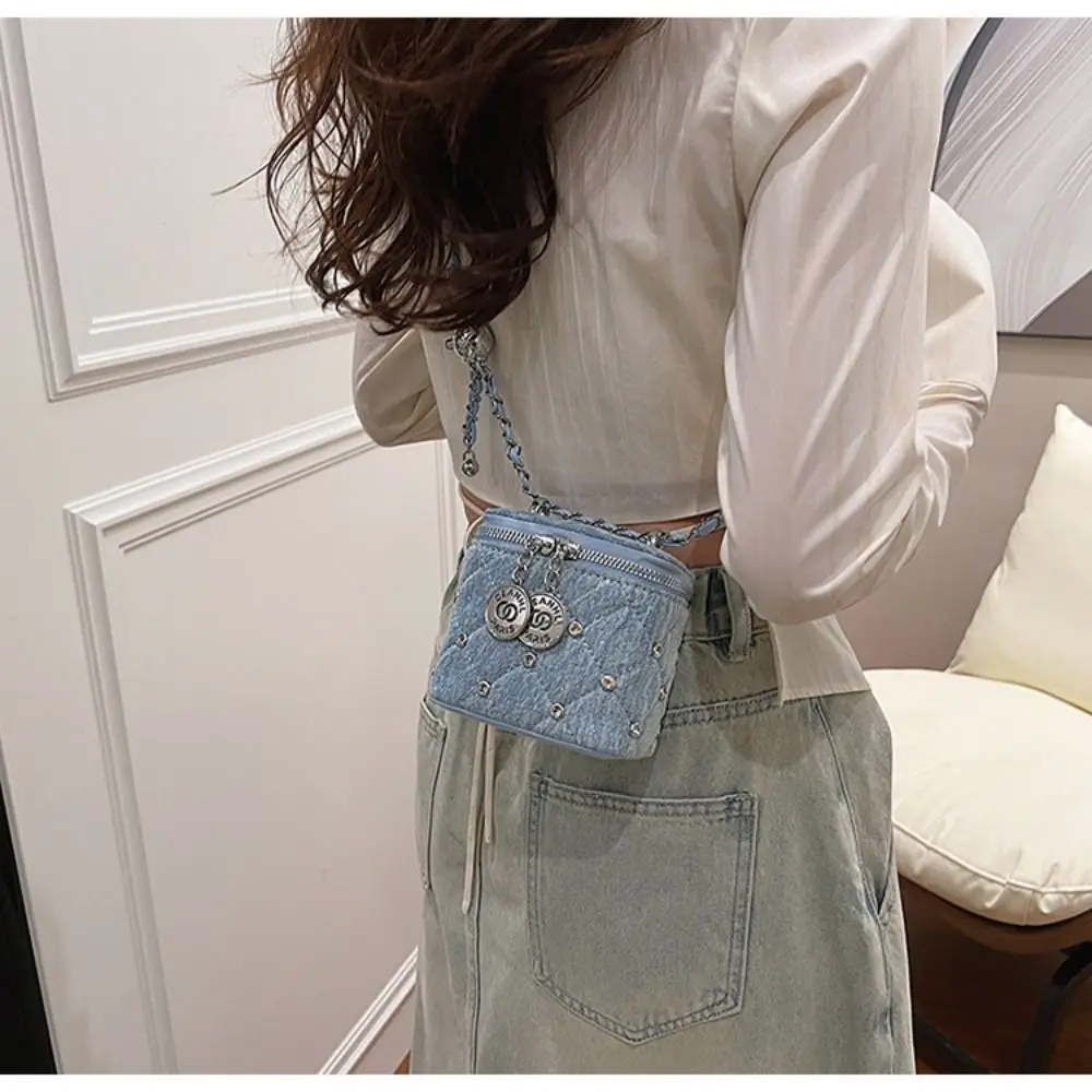 Fashionable Chain Crossbody Bag Denim Plain Bucket Bag Rivet Shoulder Bag