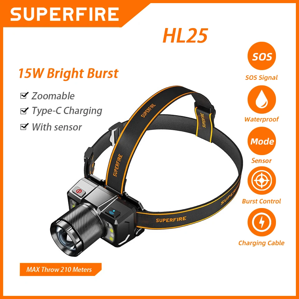 

SUPERFIRE HL25 Super Bright LED Headlamp Portable Zoom Headlight USB C Rechargeable Head flashlight Front Light for Fishing