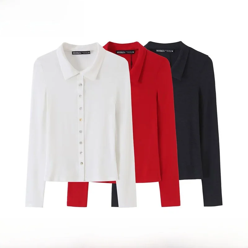 Early Autumn New Women's Casual Long Sleeve Turn-down Collar Shirt Selective Button-up Top Polyester Standard Fit T-shirt