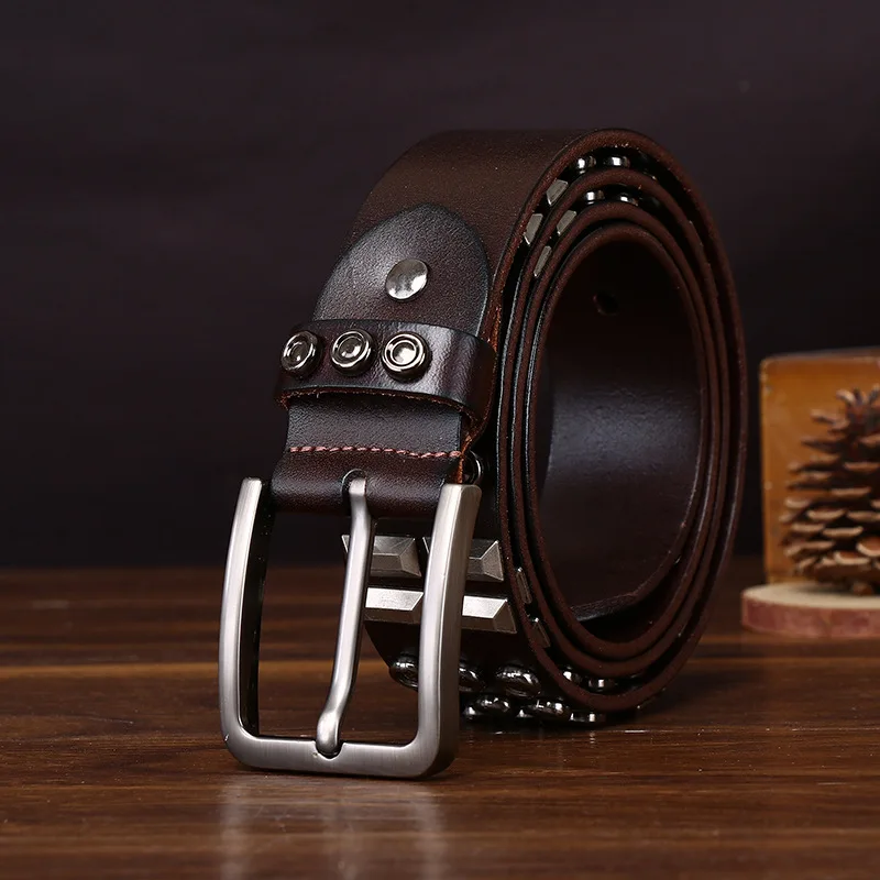 الطبقة العليا جلد البقر دبوس مشبك حزام فاسق نمط برشام الرجال حزام جلد طبيعي الهيب هوب دراجة نارية شخصية بناطيل كاجوال