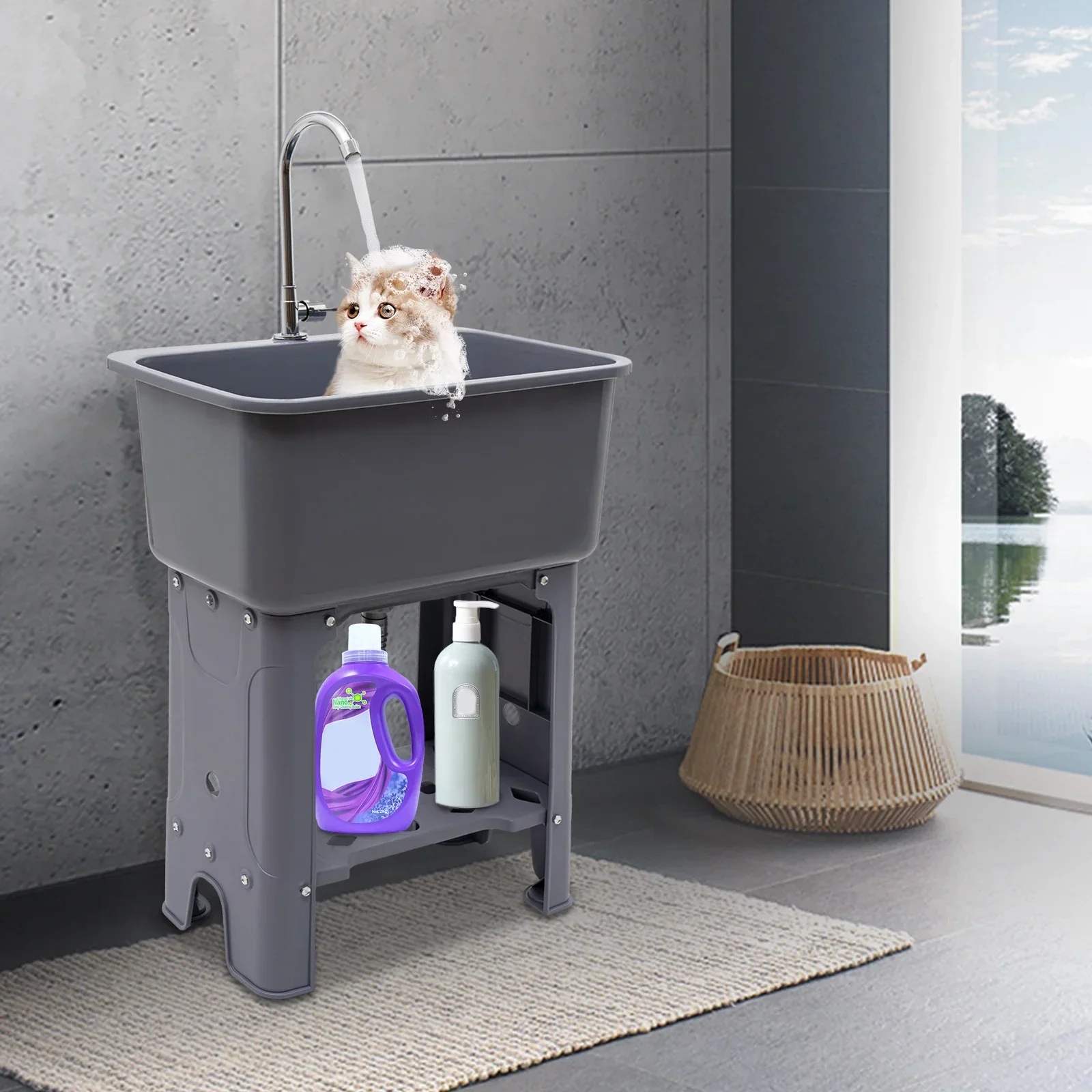 

Freestanding kitchen sink with washboard, multi-purpose sink hose, and detergent dispenser, for laundry room, garage, basement