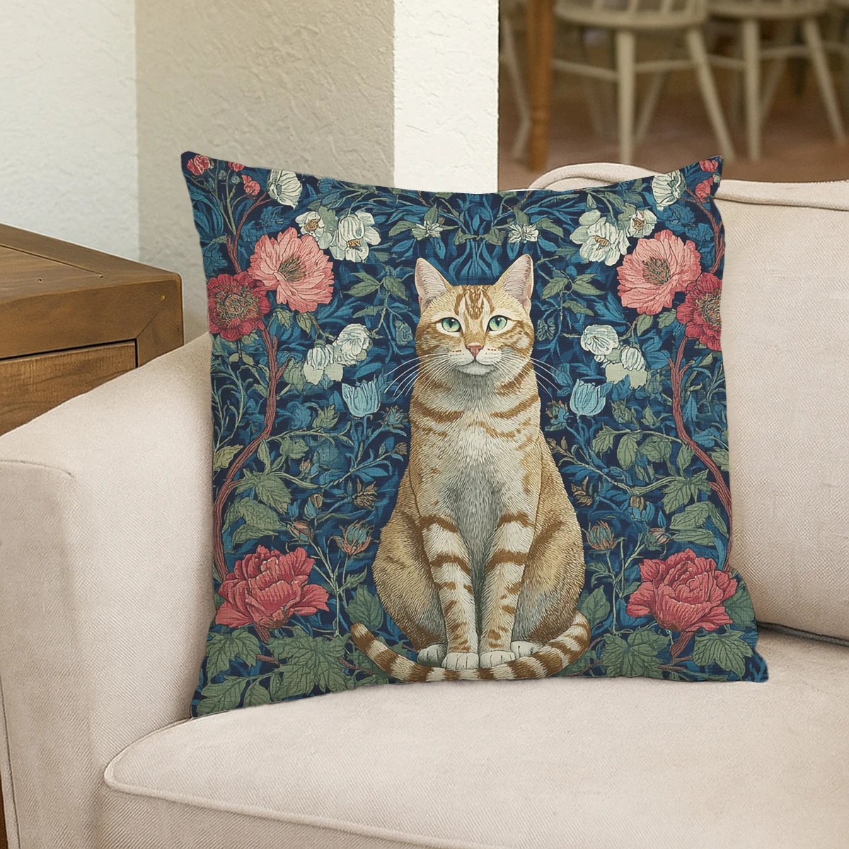 Vintage Cat & Floral Pattern Polyester Pillow Cover - Decorative Pillowcase for Sofa, Bedroom, Living Room Home Decoration