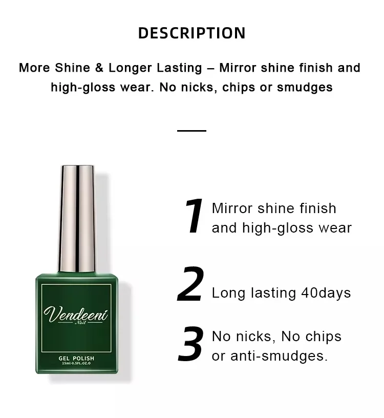 Vendeeni TPO HEMA Nail Supplies Clear Nail Polish Diamond Top Coat Gel Polish Soak Off Top Base Coat Structure Bulk Nail Gel