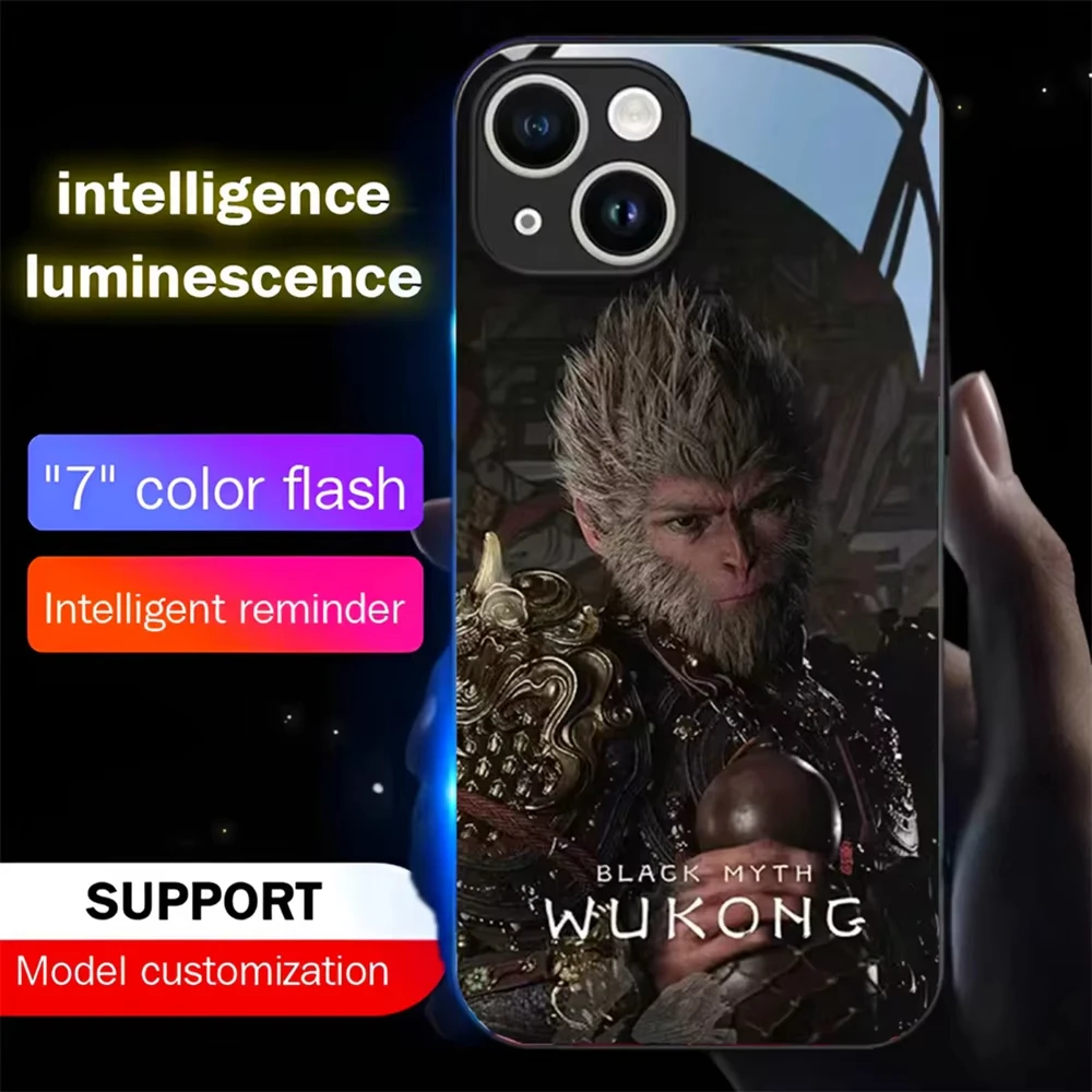 

Черный миф WuKong, красочный светодиодный светящийся стеклянный чехол для телефона для iPhone 16 15 14 13 12 11 Pro Max X XR XS Plus 7 8 SE2020