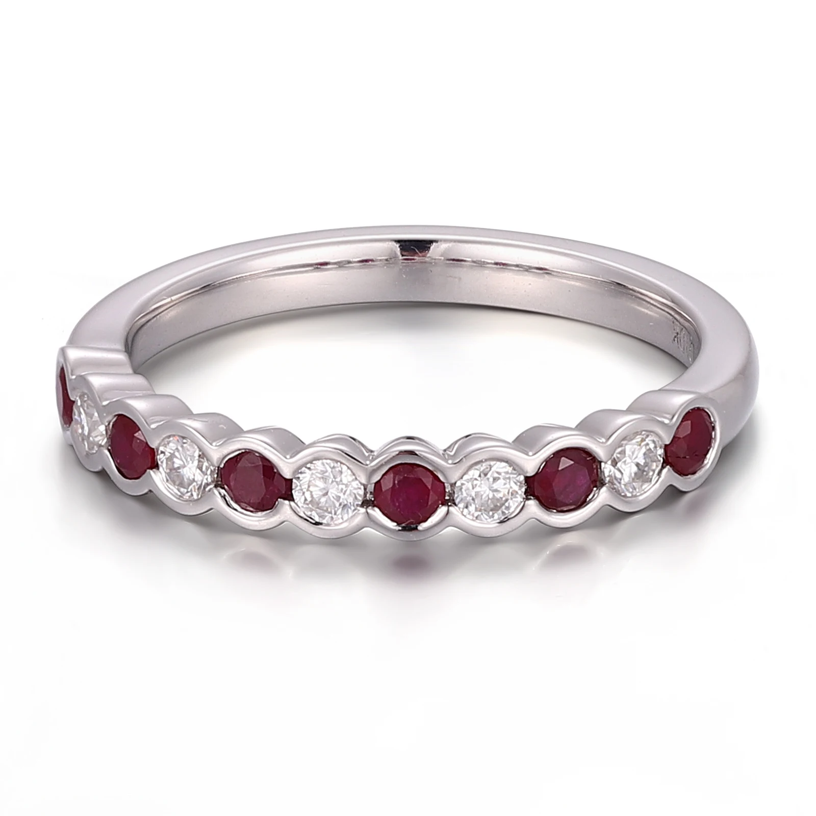 Eternity Round DEF VVS Moissanite & Lab-Grown Ruby Ring 10K White Gold Bezel Set Bridal Wedding Anniversary Gift Jewelry for Her