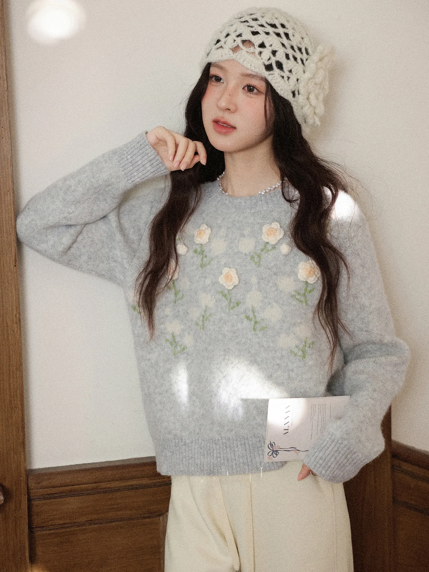 

Blue Flower Knitted Sweater Women's Loose Fit Korean Sle Lazy Winter Warm Top Small Size Commute Faion Long Sve round ...