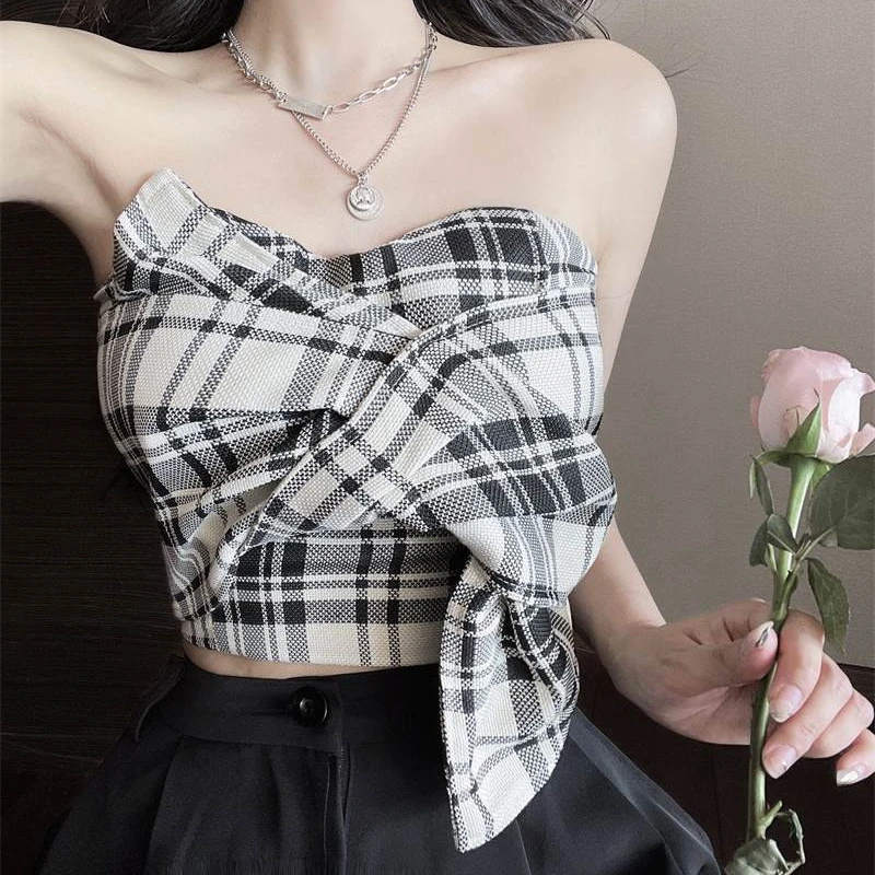 Camis Women Strapless Plaid Backless Sweet Spicy Girl Tight Fit Outer Streetwear Aymmetrical Vintage Chic Summer Crop Tops Y2k