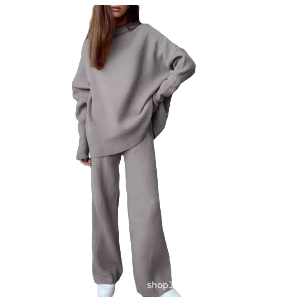 秋冬万能ラウンドネック無地スーツ レディース 長袖トップス ワイドレッグパンツ ツーピースセット 女性用パンツ