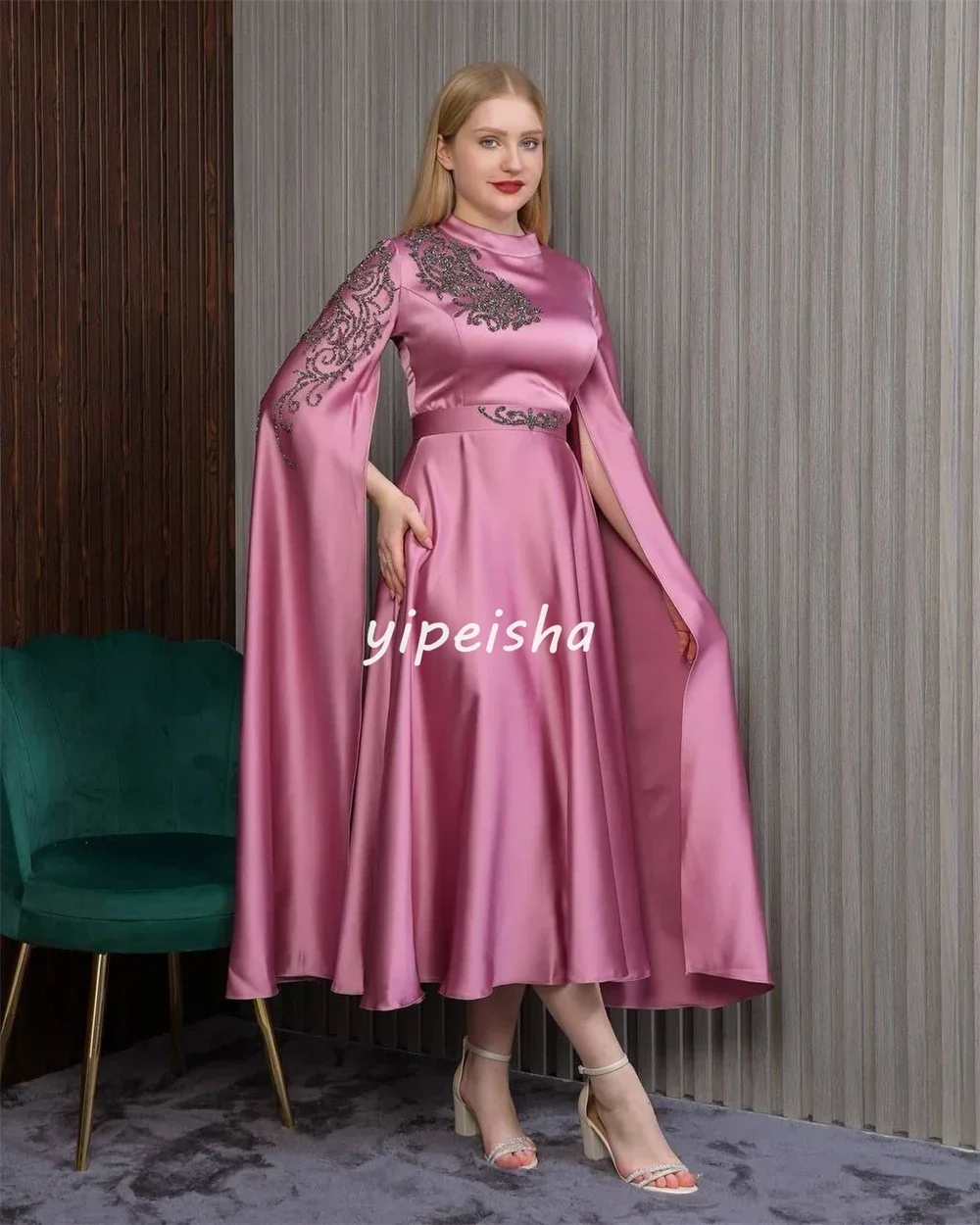 Customized Satin Applique Sash Christmas A-line High Collar Bespoke Occasion Gown Long Dresses