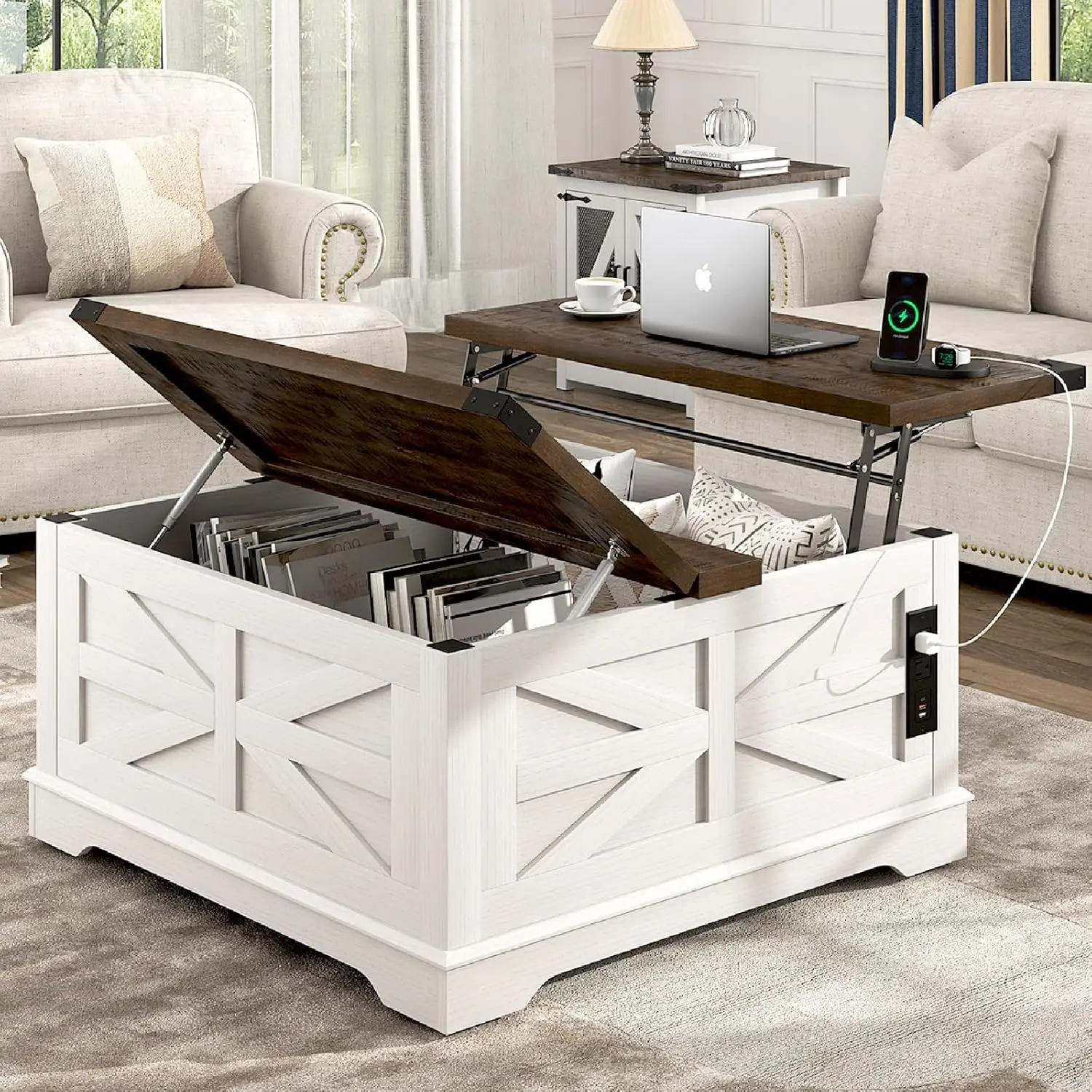 

36" Farmhouse Movable Lift Top Coffee Table with Storage and Power Outlets, Square Wood Living Room Tables with, Customized