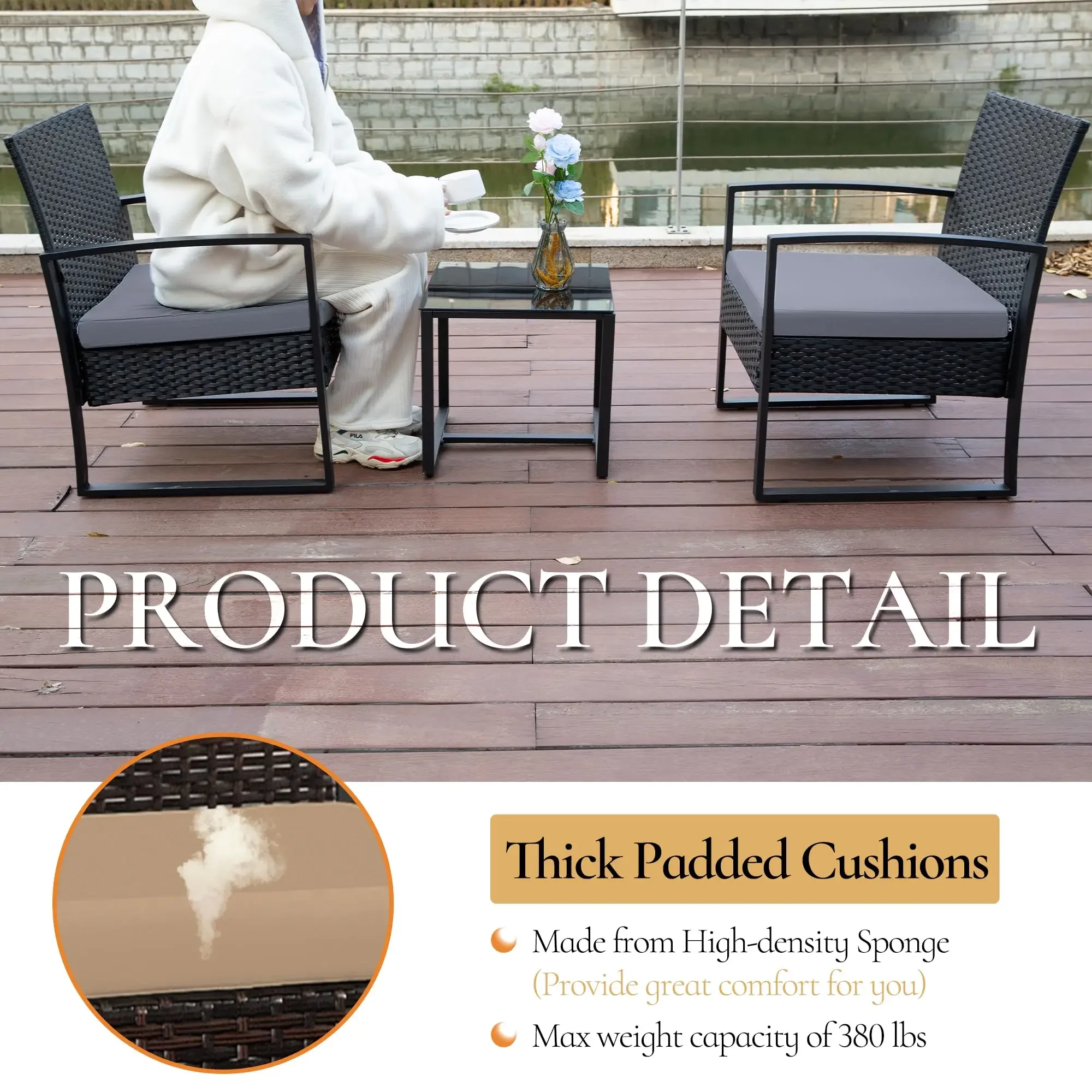 

-Modern Design Outdoor Rattan 3-Piece Set with Cushioned Wood Metal Table Comfortable for Hotels Living Rooms Apartments Pools