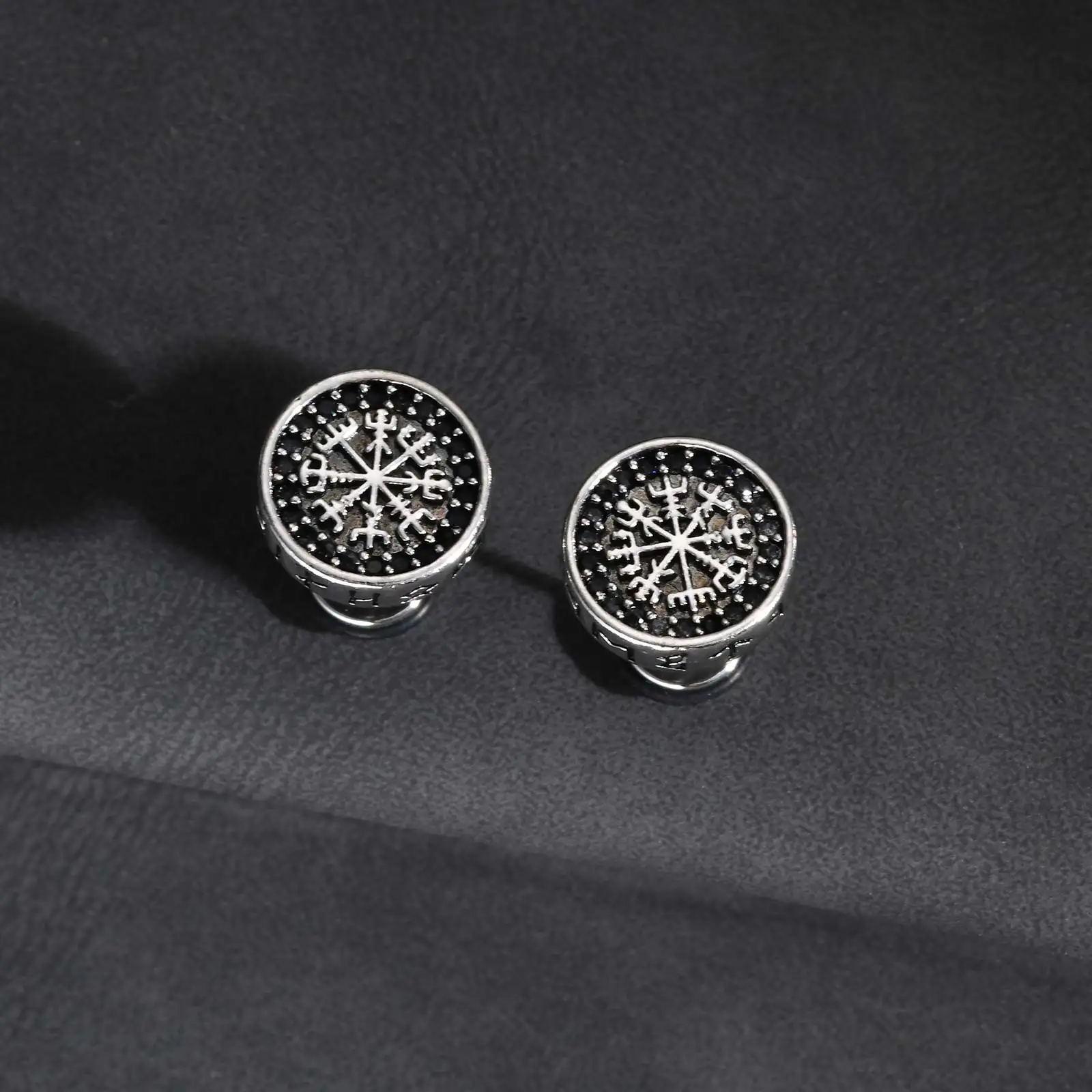 Vintage Gothic Norse Viking Stud Earrings for Men Boys, Rock Punk Runes Round Earrings, Fashion Piercing Jewelry Gift