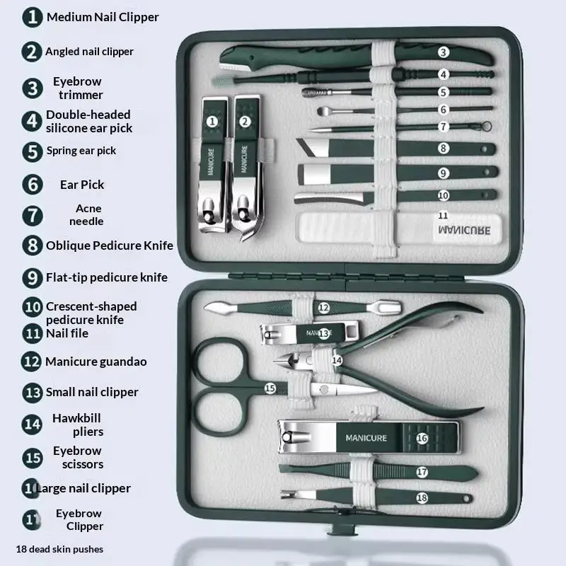 Green Stainless Steel Nail Clippers Set 18 Nail Care Kit Leather Storage Box Professional Foot Face Care Tool