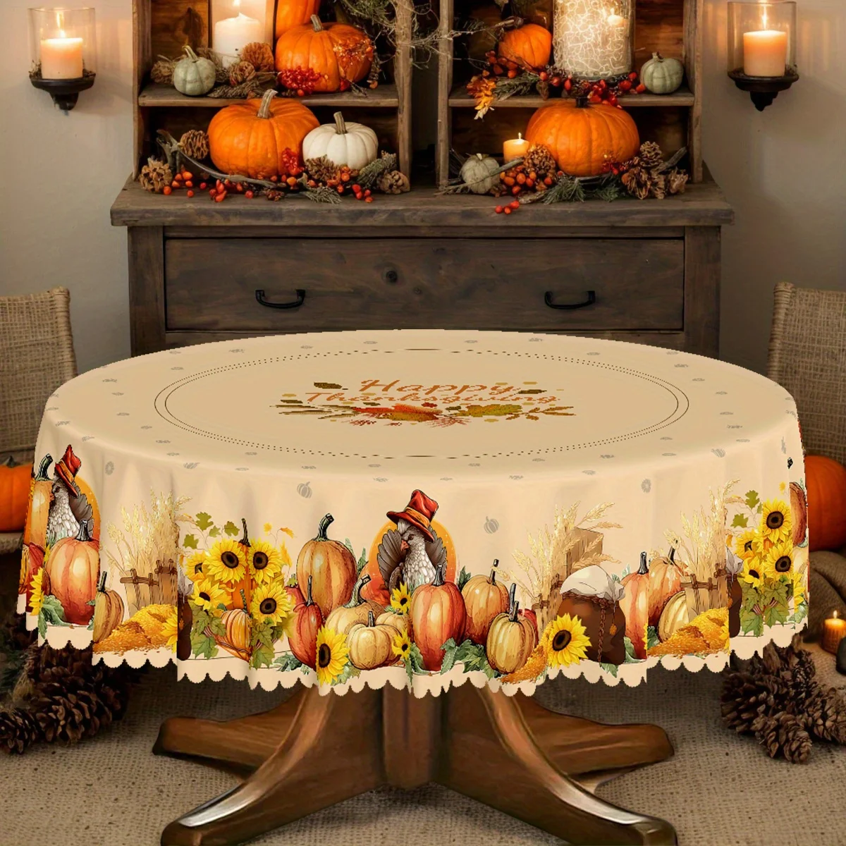 1. A polyester tablecloth, an autumn Thanksgiving-themed tablecloth, with maple leaves, turkey and pumpkins.xzj