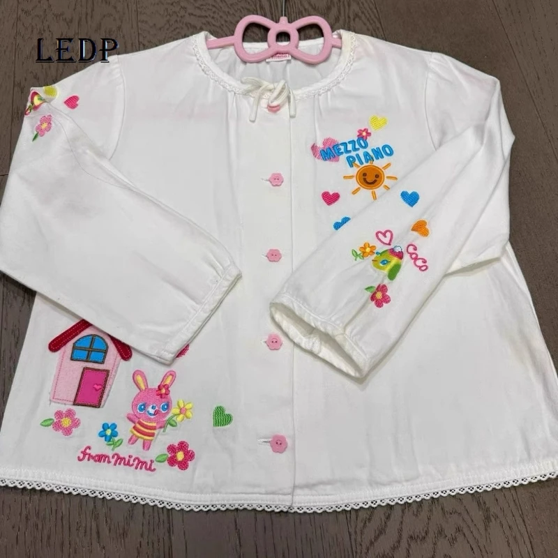 

Japanese White Sweet Childlike Print Design Embroidered Shirt 2025 Autumn New Cute Versatile Loose Long-sleeved Shirts Ladies