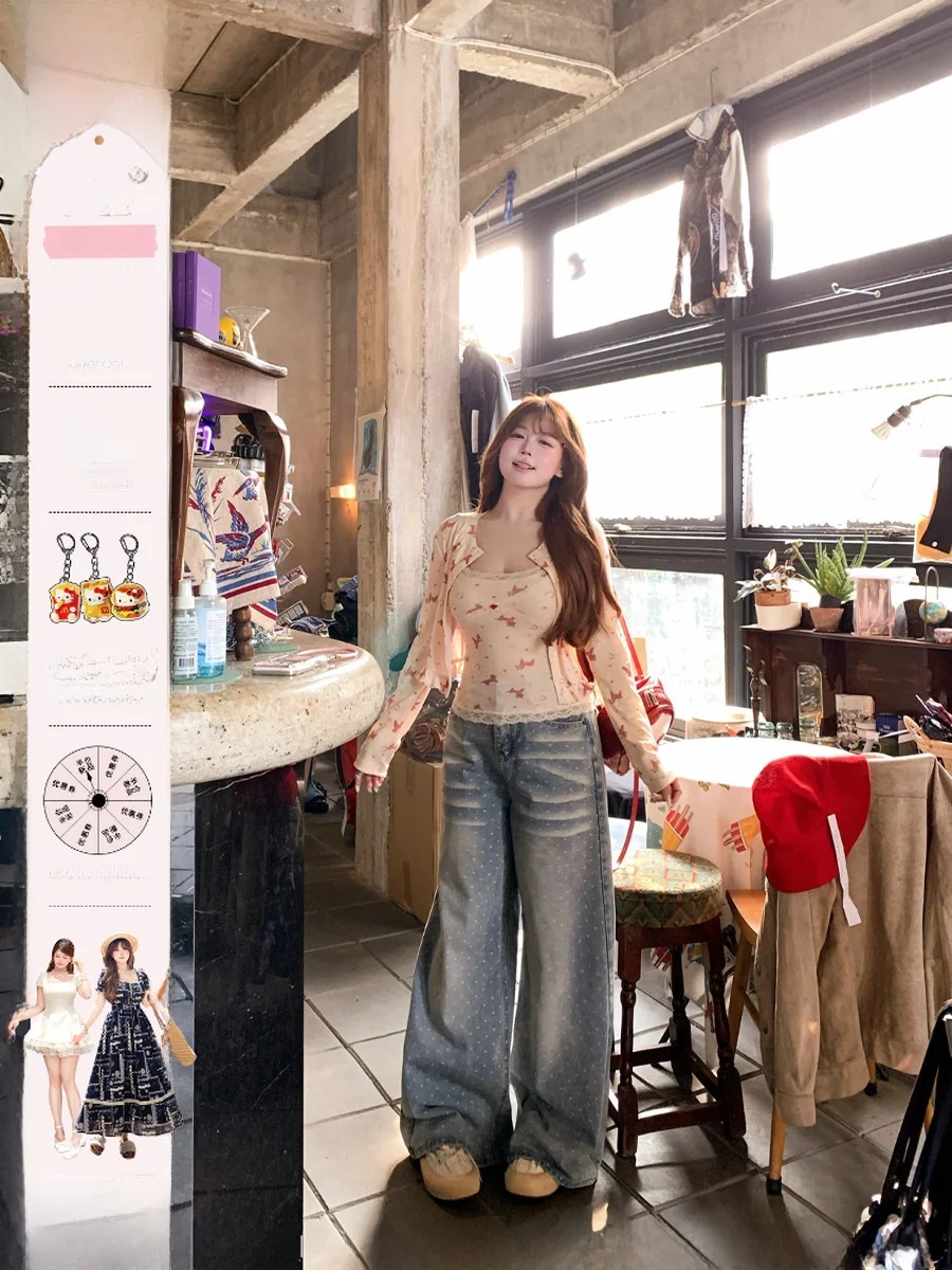 

Retro Loose Fit Women's Denim Jeans Polka Dot Embroidery Washed out Style Comfortable plus Size Casual Spring Season Blue