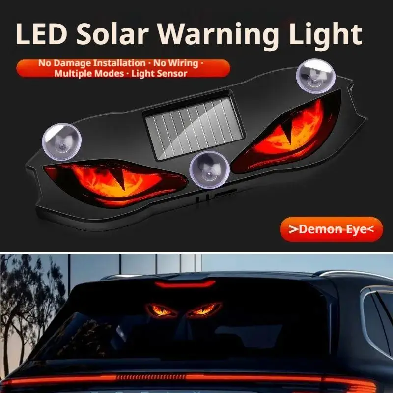 Solar Powered Demon Eye Car Warning Light, Wireless Motion Sensor LED Suction Cup Window Lamp, Multi-Mode Flashing Breathing Veh
