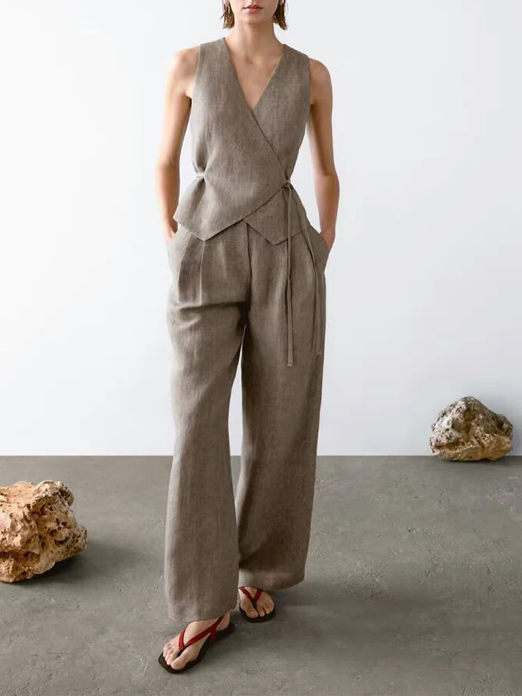 

European style new women's fashion versatile temperament cross V-neck suit vest double pleat wide-leg pants suit
