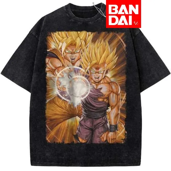 

Dragon Ball Z Goku & Gohan Father-Son Kamehameha Acid Wash Oversized Black T-Shirt 2026 Summer Anime Streetwear Graphic Tee