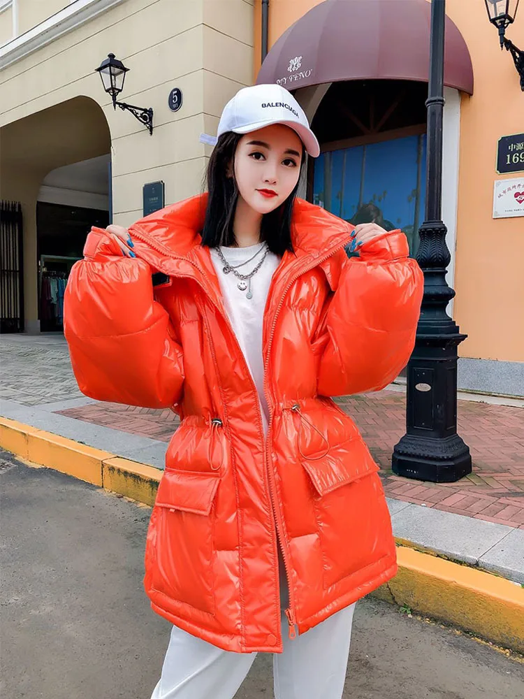 Glossy Hooded Female Waist drawstring Women Parkas Winter Women Down Cotton Jacket 2022 New Fashion Women Coat