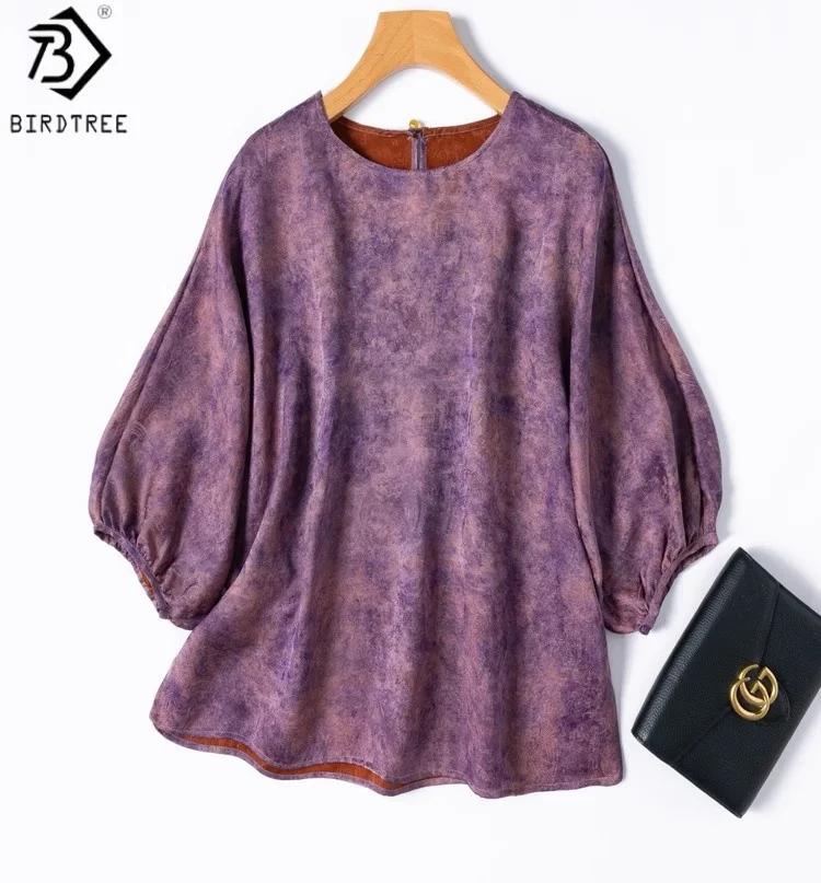

Birdtree Summer 100% Mulberry Silk Pink Purple Shirt,Women Jacquard O-neck Lantern Sleeve Loose Blouse Tops,2025 New T57311JF