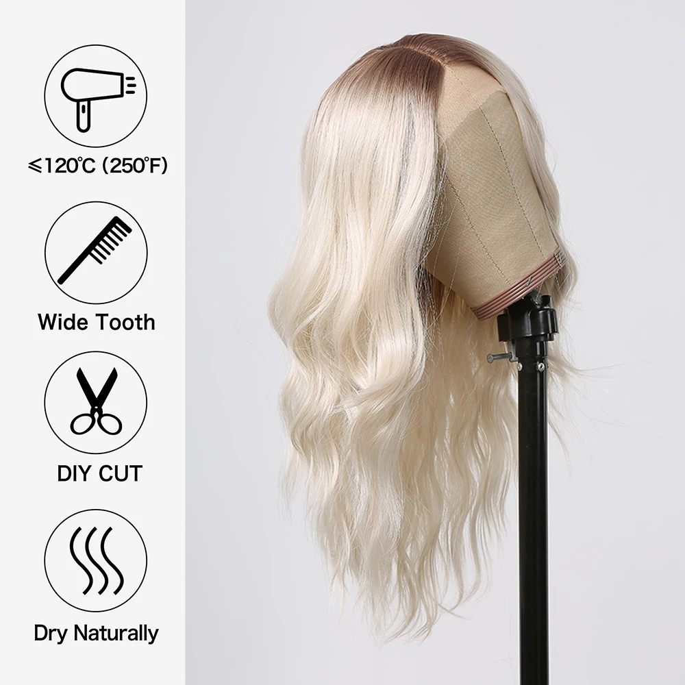 Light Platinum Blonde Synthetic Lace Wigs Long Body Wave T Part Lace Wigs with Dark Roots for Women Daily Cosplay Heat Resistant