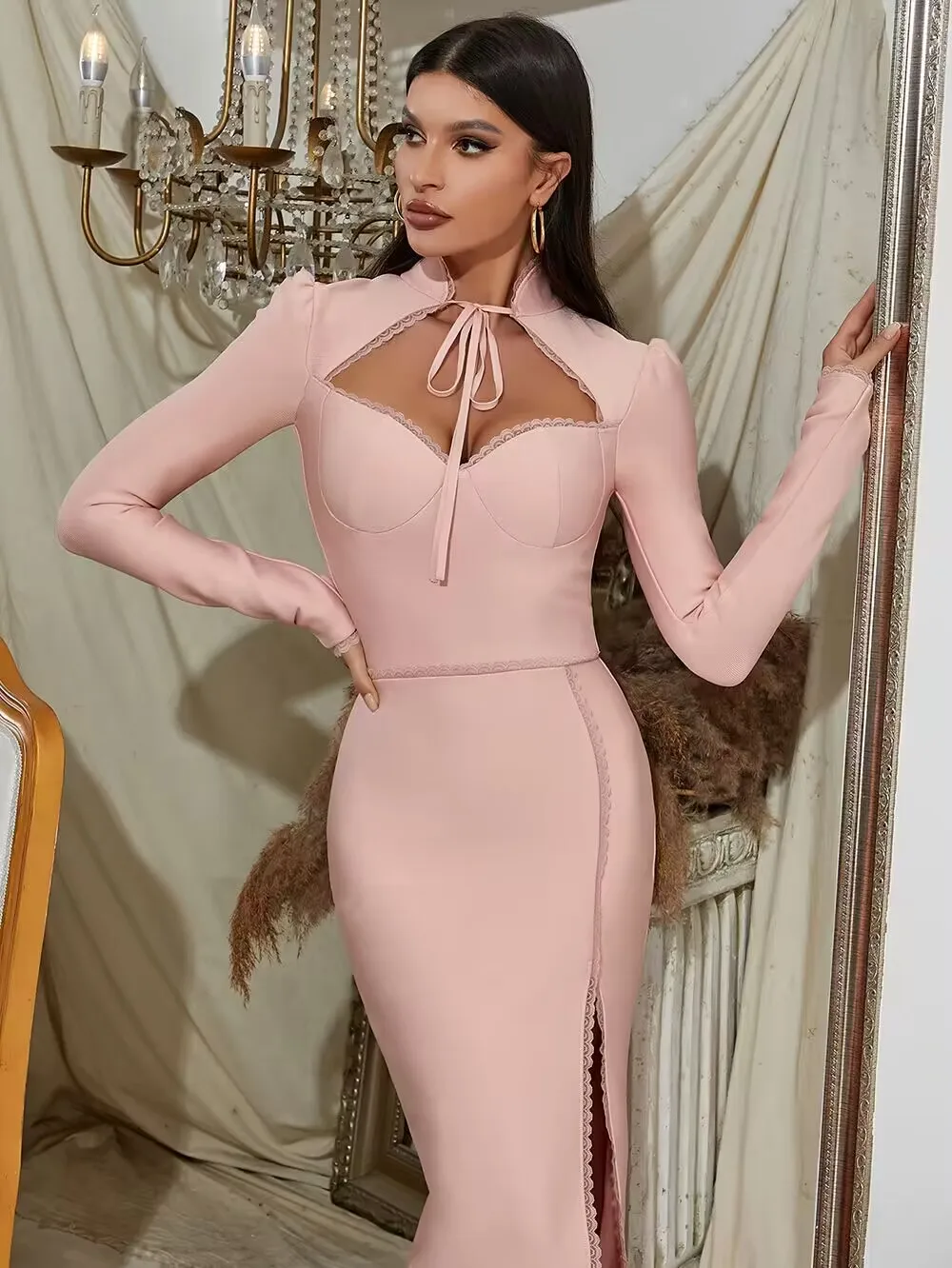 

Sexy Striped Lace Up Midi Calf Women Bandage Dress Long Sleeve Square Collar Split Bodycon Celebrity Evening Party Dress