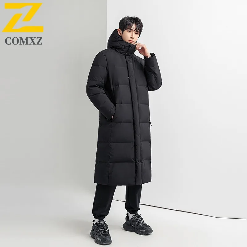 COMXZ Men's Down Jacket 2025 Long Trendy Windproof Casual Skiing Puffer Jacket Street Versatile Solid Color Hooded Winter Jacket