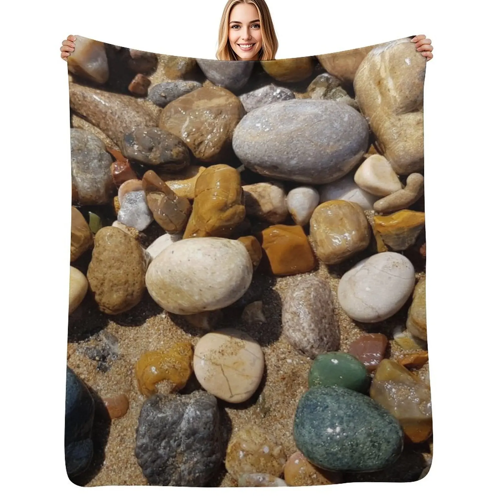 

Wet sea stones and pebbles on beach sand Throw Blanket For Baby Thermals For Travel Decoratives Designers Blankets