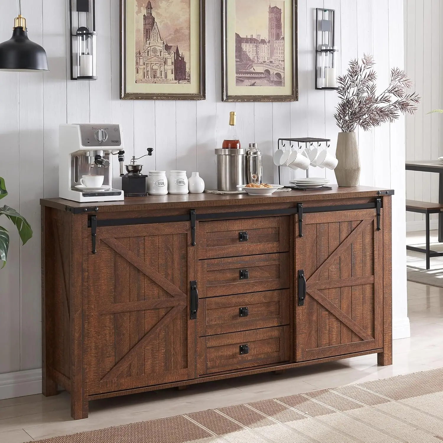 

60" Large Kitchen Cabinet w/Sliding Barn Doors and 4 Drawers, 31.2'' Tall Rustic Wood Coffee Bar Table for Dining Room