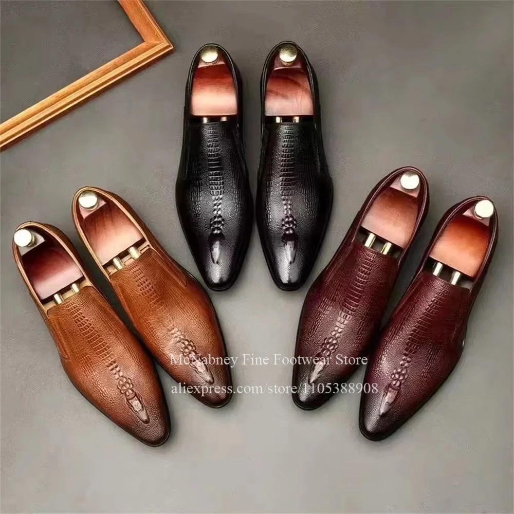 Crocodile Print Leather Slip on Loafers Men Pointed Toe Formal Shoes Handmade Business Wedding Gentlemen Dress Shoes Plus Size