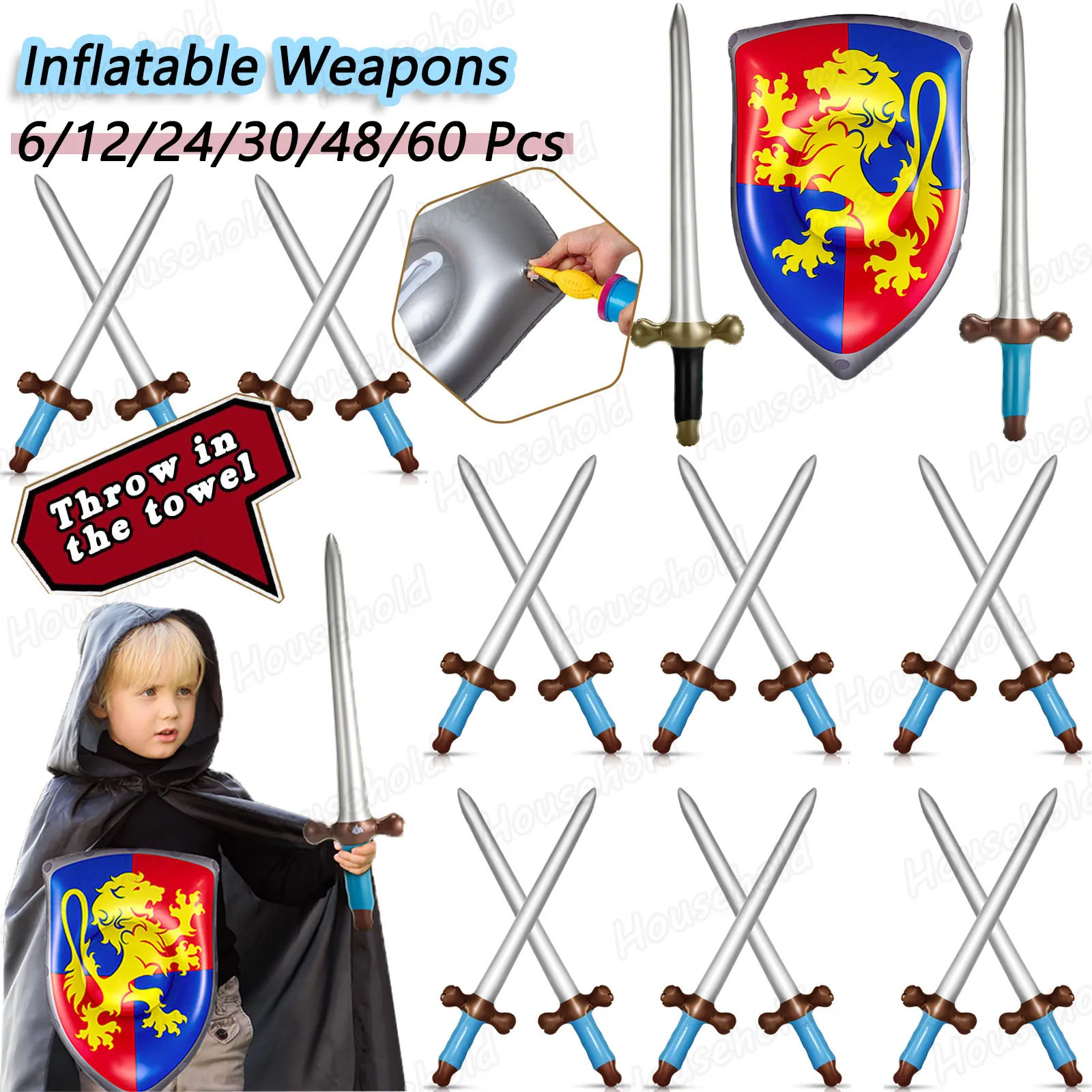 Épée et bouclier gonflables pour enfants, 6 à 60 pièces, armes gonflables, épée de Pirate pour chevalier, cadeaux d'anniversaire et d'halloween