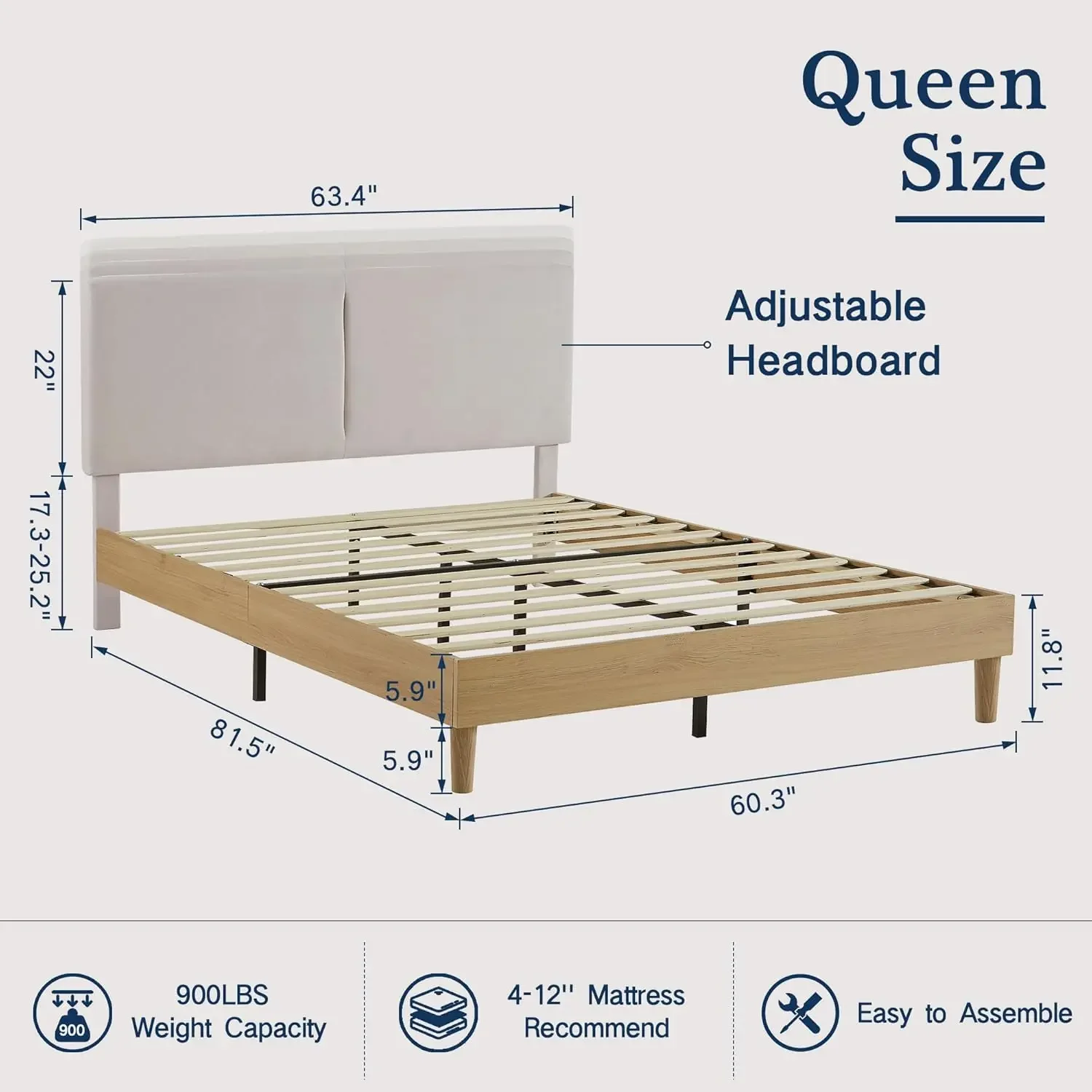 Queen Bed Frame Upholstered Platform Beds with Height-Adjustable Cotton and Linen Headboard, Heavy Duty Wood Slats, 6